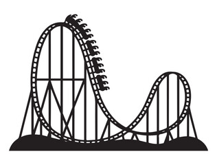 Amusement park roller coaster vector icon. Thrill ride, theme park, fun, excitement, vacation, or family entertainment symbol. Vector black silhouette. with white background