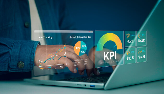 Business KPI dashboard with performance metrics including ROAS, CTR percentage, CPM cost and CPL cost per lead, designed as a modern glassmorphism overlay, marketing campaign tracking and optimization