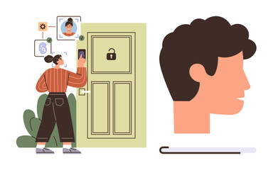 Woman scanning face with smart device by door featuring lock icon. Profile image linked to system. Ideal for security, technology, AI, biometrics, innovation, smart home privacy. Simple flat