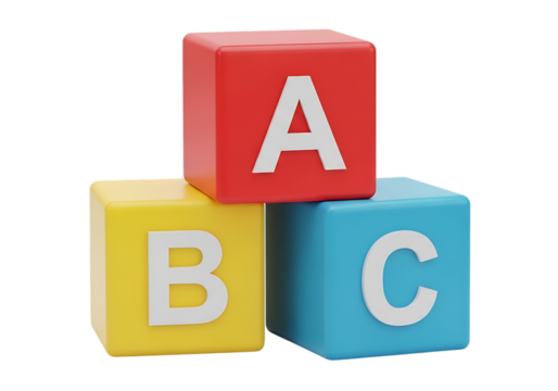 Childish alphabetical abc cubes, educational toys 3d illustration