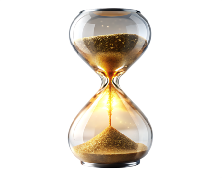 Glowing golden sand flowing through a clear glass hourglass isolated on a transparent background time