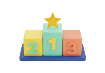 Winner podium with yellow star. Award pedestal for first, second, third place. Champions platform of competition for victory ceremony. Cartoon 3d icon illustration isolated on transparent background 