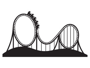 Amusement park roller coaster vector icon. Thrill ride, theme park, fun, excitement, vacation, or family entertainment symbol. Vector black silhouette. with white background