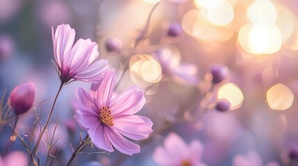 Two delicate pink cosmos flowers with purple centers and green stems against a blurred background of soft, pastel colors.