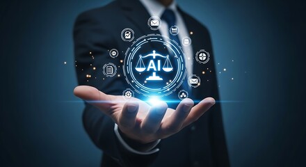 Lawyer holding a digital interface with scales of justice and icons