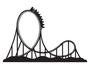 Amusement park roller coaster vector icon. Thrill ride, theme park, fun, excitement, vacation, or family entertainment symbol. Vector black silhouette. with white background