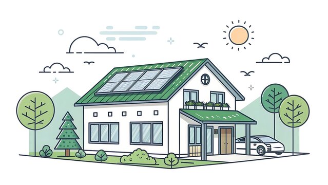 Eco-Friendly House with Solar Panels and Electric Car Illustration. Sustainable Modern Home with Green Energy Technology in a Residential Landscape...