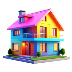 A vibrant, multi-colored house with a modern design, featuring large windows and a landscaped front yard, set against a black background.