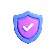 A 3D shield icon featuring a pink background and a white check mark, symbolizing security and verification, set against a black backdrop.