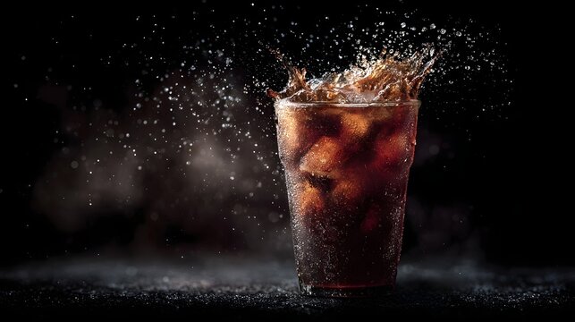 Overflowing soft drink spilling dramatically from a glass with splashing and dramatic lighting