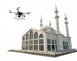 Gray drone with multiple propellers hovers near white mosque with tall minarets isolated on a transparent background