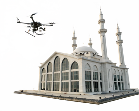 Gray drone with multiple propellers hovers near white mosque with tall minarets isolated on a transparent background