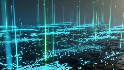 Abstract digital circuit board with glowing vertical lines - Powered by Adobe