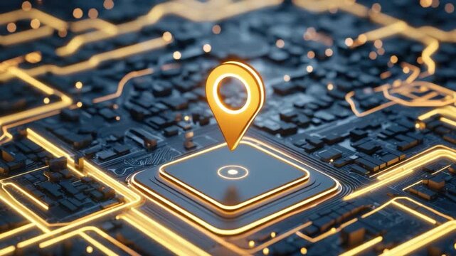 Golden Location Pin on Circuit Board with Glowing Light Effects Depicting Technology and Connectivity Concept 4k video footage