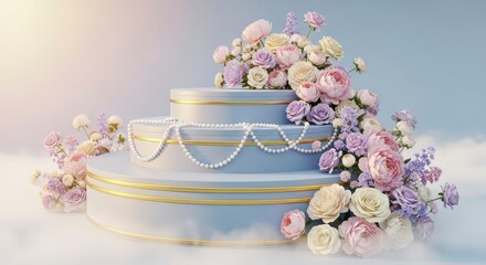 Delicate pastel flowers and pearls on a three tiered platform