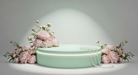 Elegant floral podium display with pink flowers and pearls for product presentation