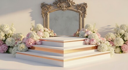Elegant white flower arrangement on a three tiered display platform with rose gold accents