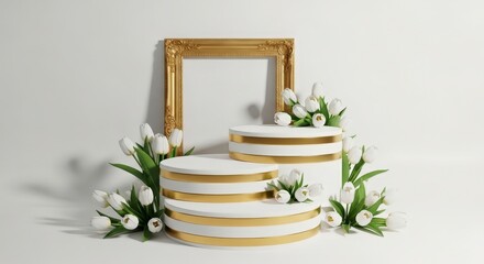 Elegant white podium display with gold accents and white tulips ideal for product photography and presentation