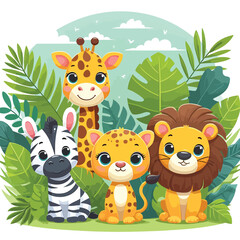 Naklejka premium A cute cartoon animal vector set of wild safari pets and a jungle character illustration