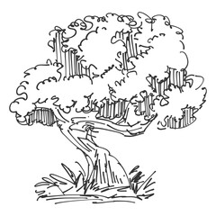 Original vector tree hand-drawn line art, ink style, concept design. isolated silhouette on white background. black outline sketch illustration. Cower drawing. Black-white icon.