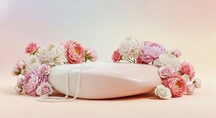 Floral arrangement with pedestal and pearls displaying aesthetic of springtime