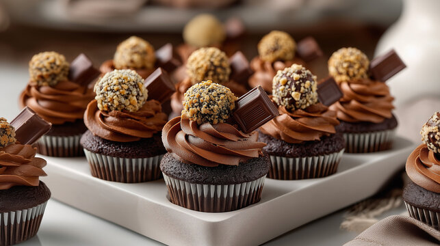 Artisan Chocolate Cupcakes with Rich Frosting and Nutty Garnish. The elegant presentation and intricate toppings make this image ideal for use in bakery promotions, dessert blogs, recipe books.