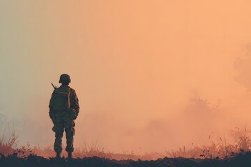 Fototapeta premium Vector of a military soldier standing guard, pastel background and large copy space.