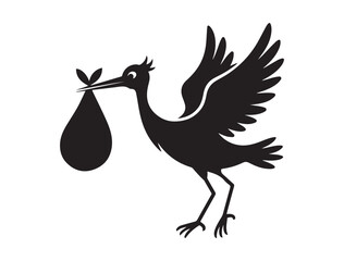 very simple flat and single minimalist Stork Brings Baby. Vector black silhouette. with white background