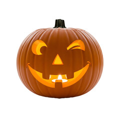 Cheerful winking Jackolantern with a glowing smile and lit candle inside. Halloween PNG Transparent