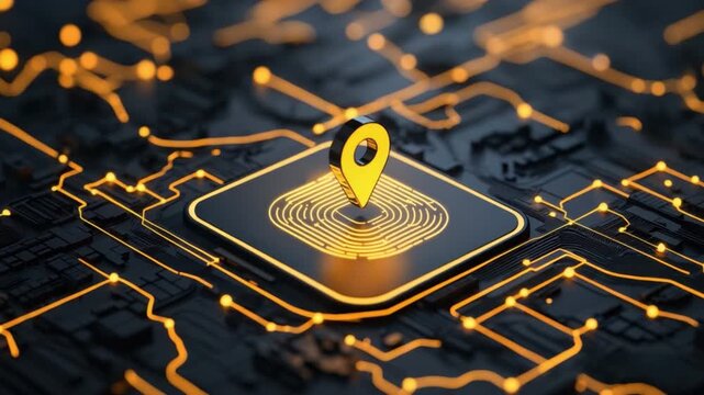 Abstract technological background featuring a GPS location pin set against a circuit board pattern illuminated with glowing lines 4k video footage