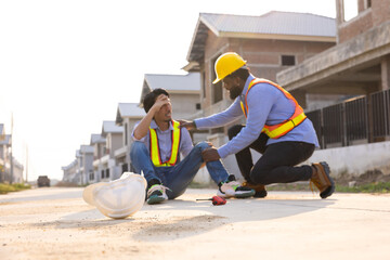 First Aid and safety first. Engineering Architect and contractor supervisor colleagues help and medical assistance, injury. Health insurance emergency accident in building construction site.