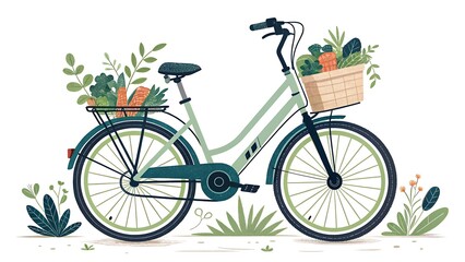 Fototapeta premium Sustainable Green Bicycle with Baskets of Fresh Organic Vegetables, Eco-Friendly Urban Transport and Healthy Lifestyle Concept, Flat Vector Illustr...