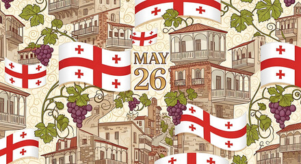 Celebrate Georgia's Independence Day on May 26th with this vibrant background showcasing Georgian flags, traditional architecture, and lush grapevines