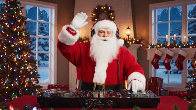 Santa Claus DJing at Christmas Party - Santa Claus, wearing headphones, waves and mixes music on a DJ console.