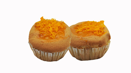 tasty muffin cake Foi Thong topping on white background. 