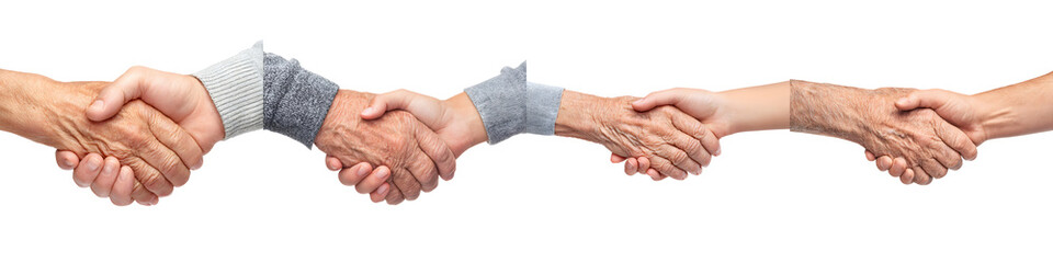 Diversity and : Multiethnic Handshakes on White Background