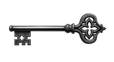 Ornate gothic skeleton key with a decorative quatrefoil bow and intricate bit. Halloween PNG Transparent