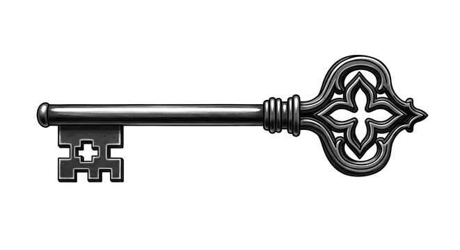 Ornate gothic skeleton key with a decorative quatrefoil bow and intricate bit. Halloween PNG Transparent