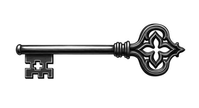 Ornate gothic skeleton key with a decorative quatrefoil bow and intricate bit. Halloween PNG Transparent