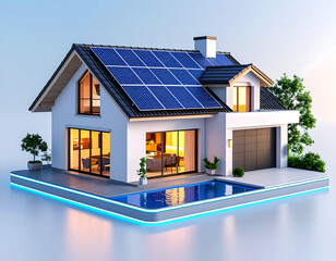 Modern home with solar panels, pool, and bright windows, showcasing energy efficiency and contemporary design