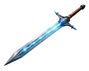 Ornate fantasy sword with glowing blue lightning energy along the blade isolated on a transparent background