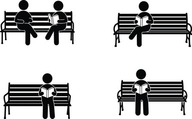 Stick Figure People Reading on Bench, Relaxing in Park, Leisure Time, Outdoor Reading, Simple Illustration, Enjoying Books, Quiet Moment, Public Space