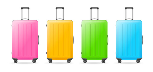 Realistic Detailed 3d Different Vivid Color Empty Suitcase Set Isolated on a White Background. Vector illustration of Luggage or Baggage