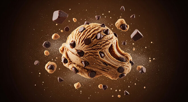 Appetizing Cookie Dough Scoop with Chocolate Chips and Flour Mist