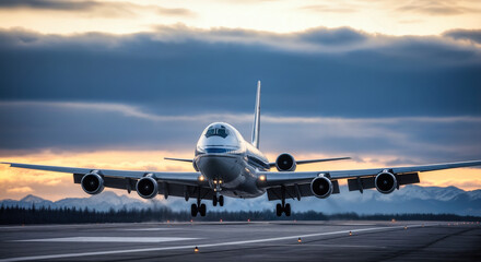 Naklejka premium Airplane landing during Alaskan dawn scene with dramatic skies and mountain backdrop. Official arrival of airplane landing showcases a majestic airplane during early morning hours in Alaska,