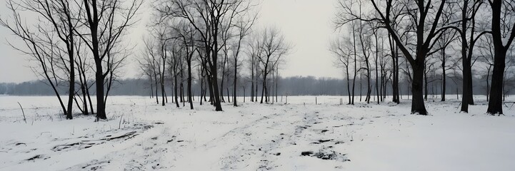 Snowy Landscape with Bare Trees and Overcast Sky in Winter Scene