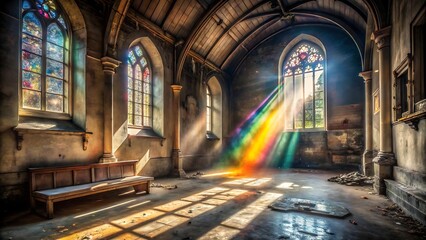 Obraz premium Sunlight streams through stained glass windows of an old church interior