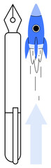Fountain pen next to a rocket launching upwards with arrow beneath. Ideal for innovation, creativity, success, growth, inspiration, education, and productivity themes. Simple flat metaphor