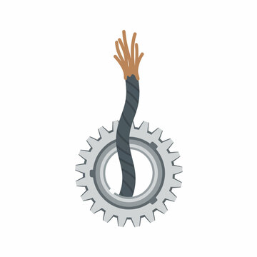 Vector illustration of frayed wire passing through industrial gear mechanism