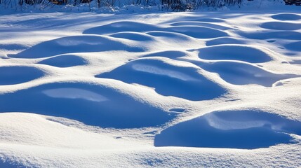 Fresh snowdrifts with blue shadows in winter sunlight